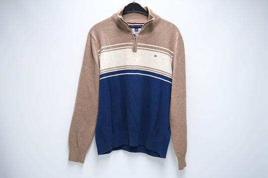 Vintage Tommy Hilfiger Quarter Zip – Beige, Wit, en Donkerblauw – Maat L